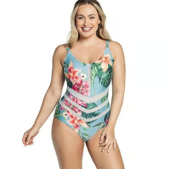 New! Leonisa Blue Floral Mesh Cutout Slimming One-Piece Swimsuit - 35123 - Picture 1 of 13